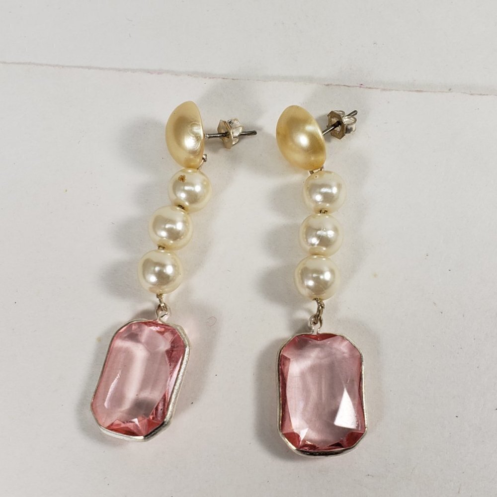 Off-White Bead Rectangular Shape Pink Stone Post … - image 3